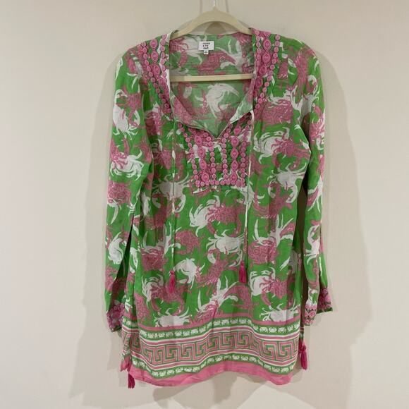 Crown & Ivy Beach Tunic Cover Up Green and Pink Crab Print Women Embroidered Top - Picture 1 of 8